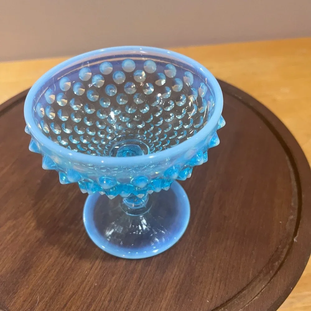Vtg Fenton‎ Blue Opalescent Hobnail Art Glass Sherbet Goblet MCM Twisted Stem